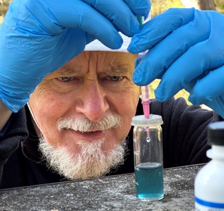 The first step was to get an alkalinity reading by dropping acid into a dyed water sample until it changed colour